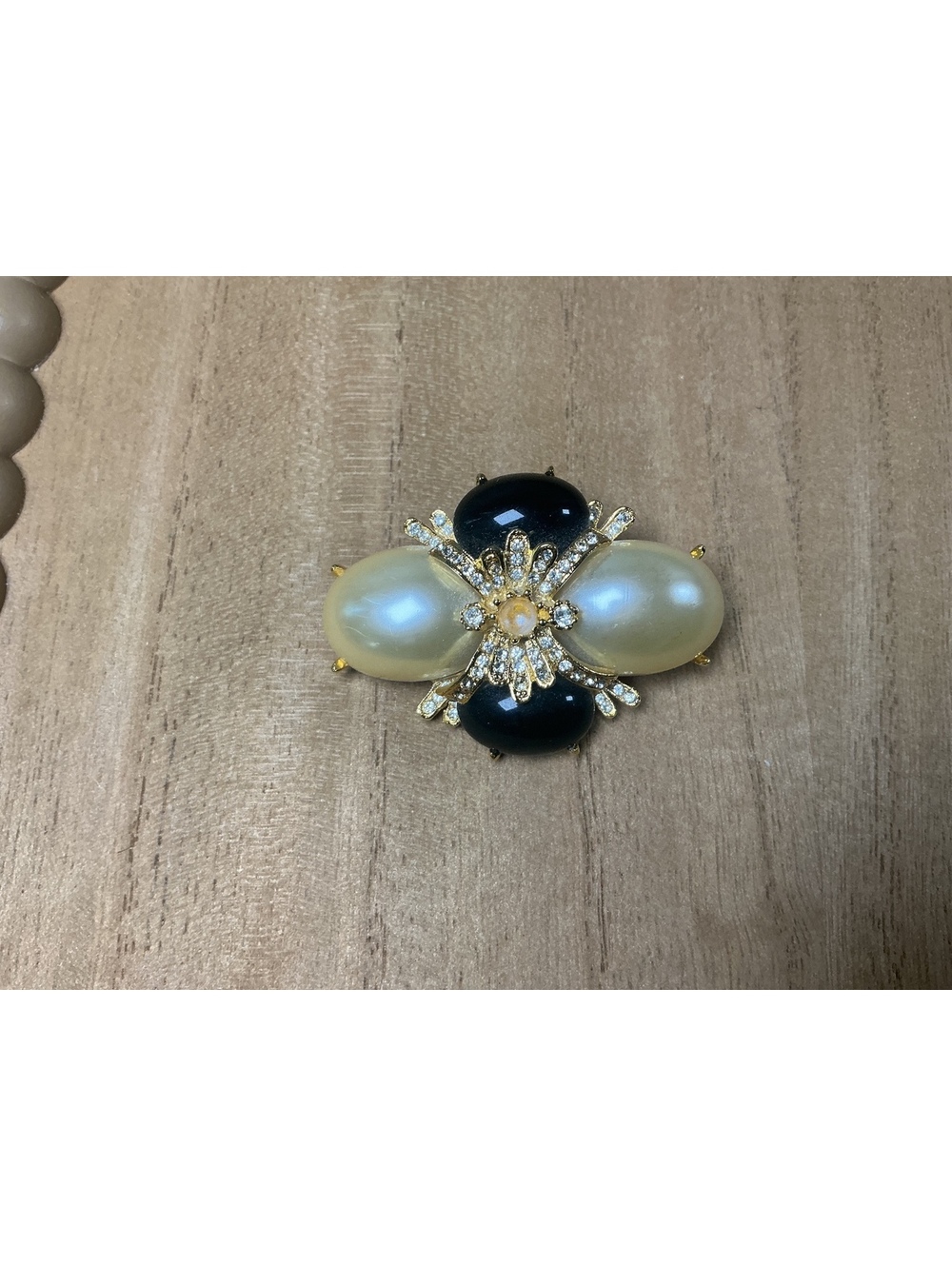 Joan Rivers Vintage Style Gold Tone Brooch with Faux Pearls and Black Stones